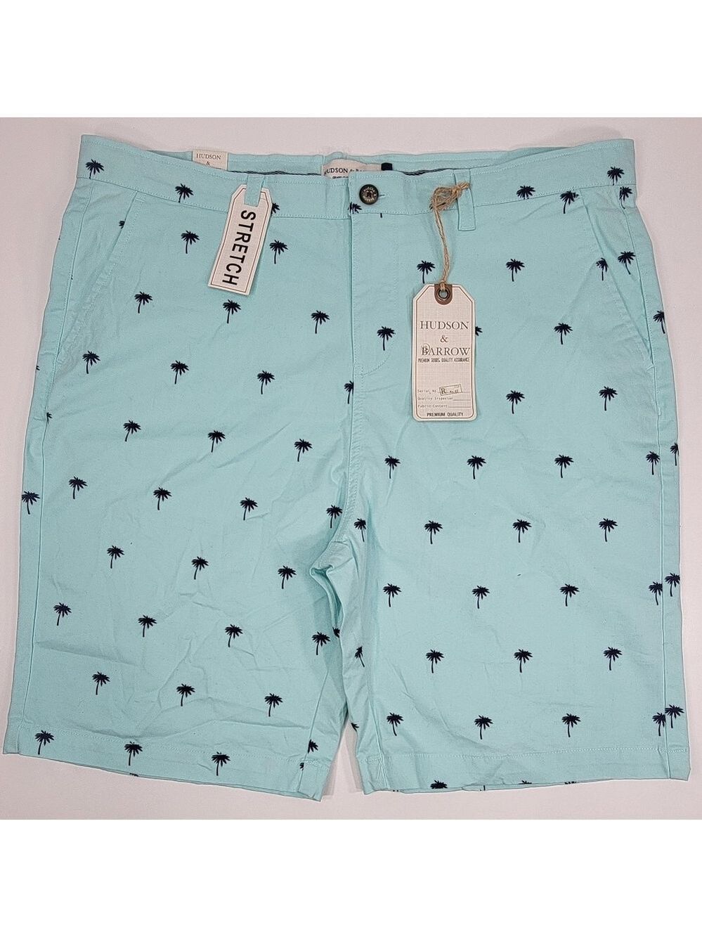NEW Hudson & Barrow Shorts Mens 38 Aqua Blue Palm Tree Twill Chino Stretch NWT